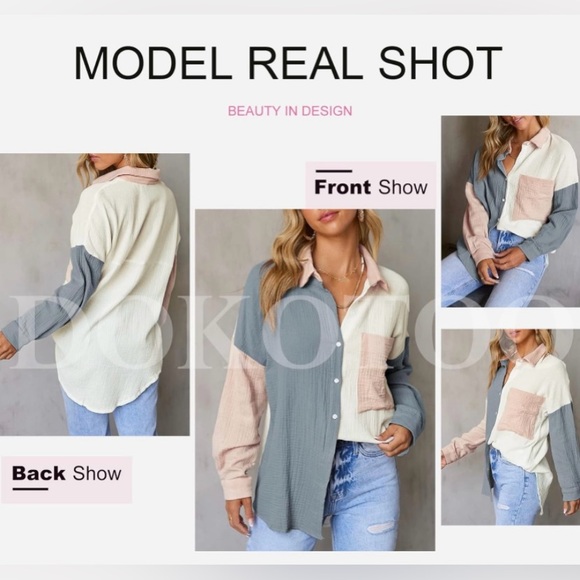 Dokotoo XL Women’s Color Block Button Down Long Sleeve Oversized Boyfriend Shirt - Picture 4 of 6
